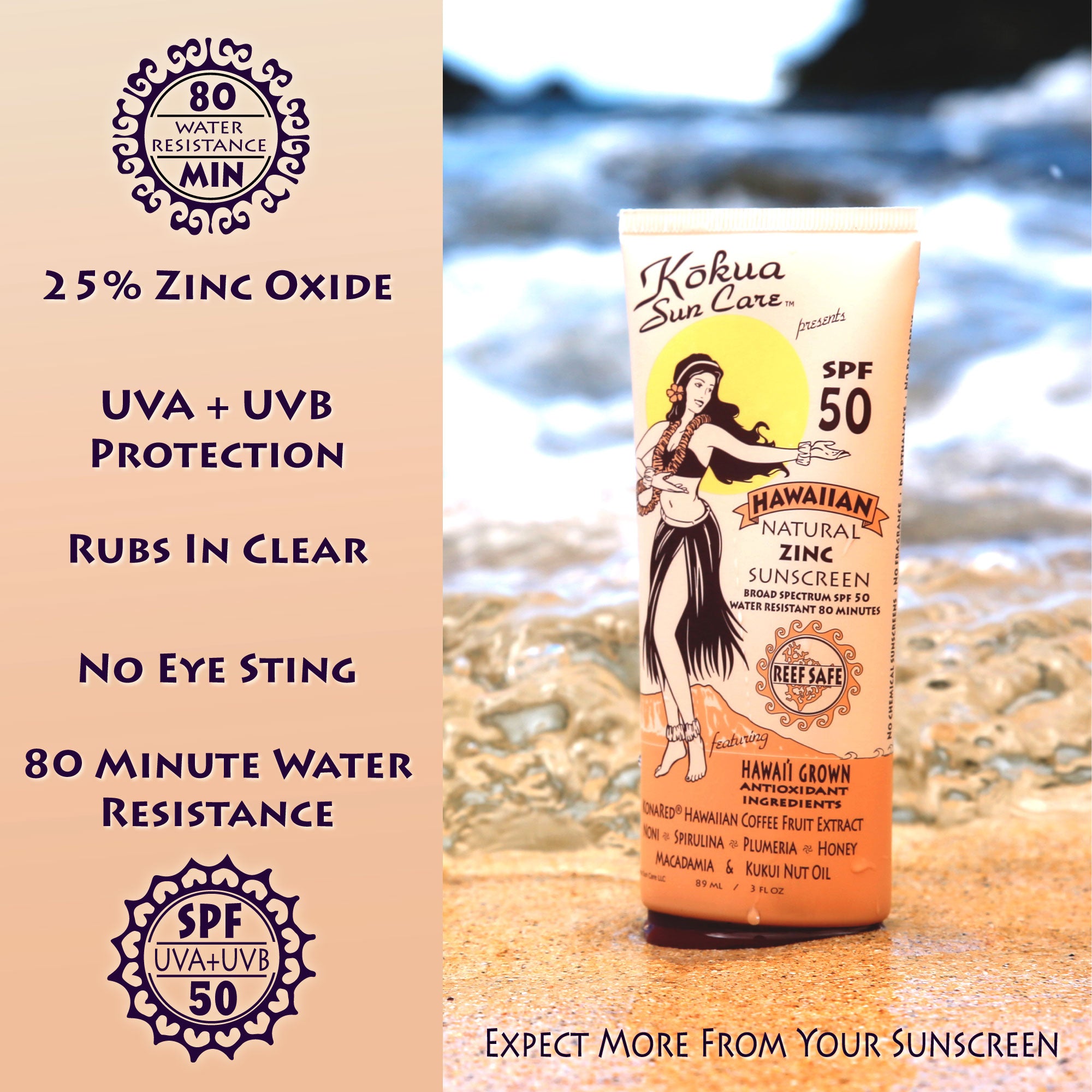 3oz SPF 30 Tinted Hawaiian Natural Zinc Sunscreen 80 Min Water Resista –  Kokua Sun Care