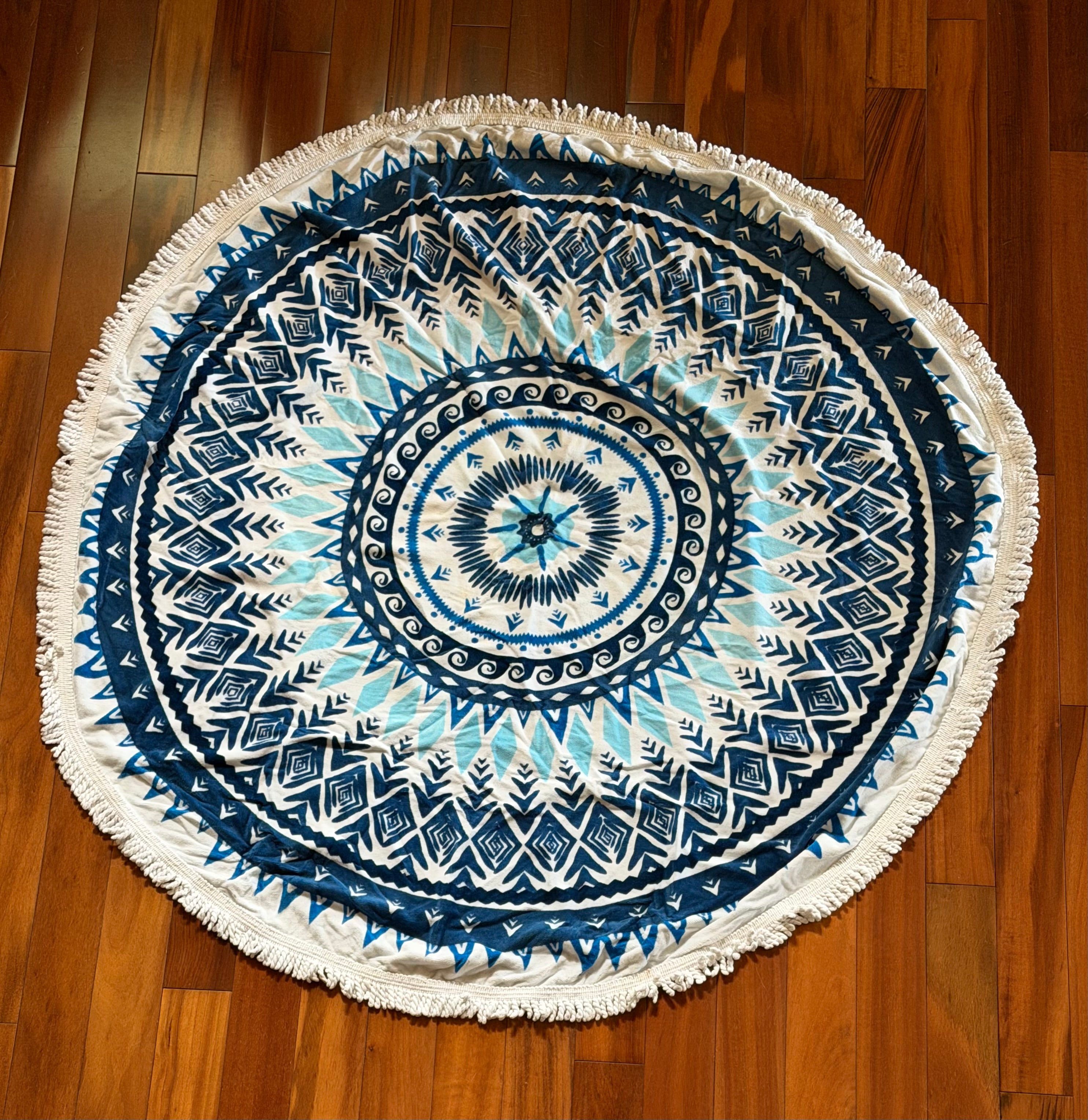 5' Round Turkish Cotton Beach Towel | Blue Mandala Design | Oversized Fringe Beach Blanket